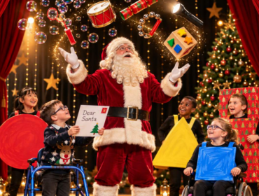 Cover of Dear Santa Sensory Story by Rhyming Multisensory Stories. A festive Christmas stage features Santa, Johnny and other learners participating in an inclusive performance, surrounded by colourful sensory props and Christmas decorations.